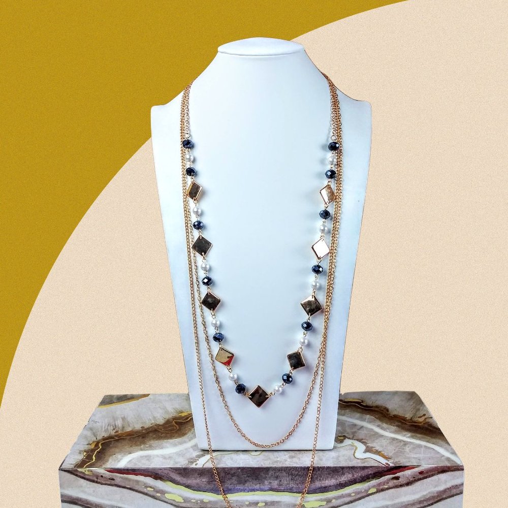 Gold Tone Three Strand Long Accented Statement Necklace
